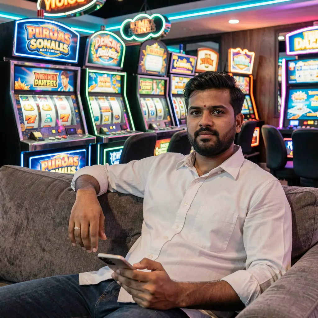 Confident Bangladeshi player relaxing on a sofa while using the 97OK casino app with a colorful slot machine background