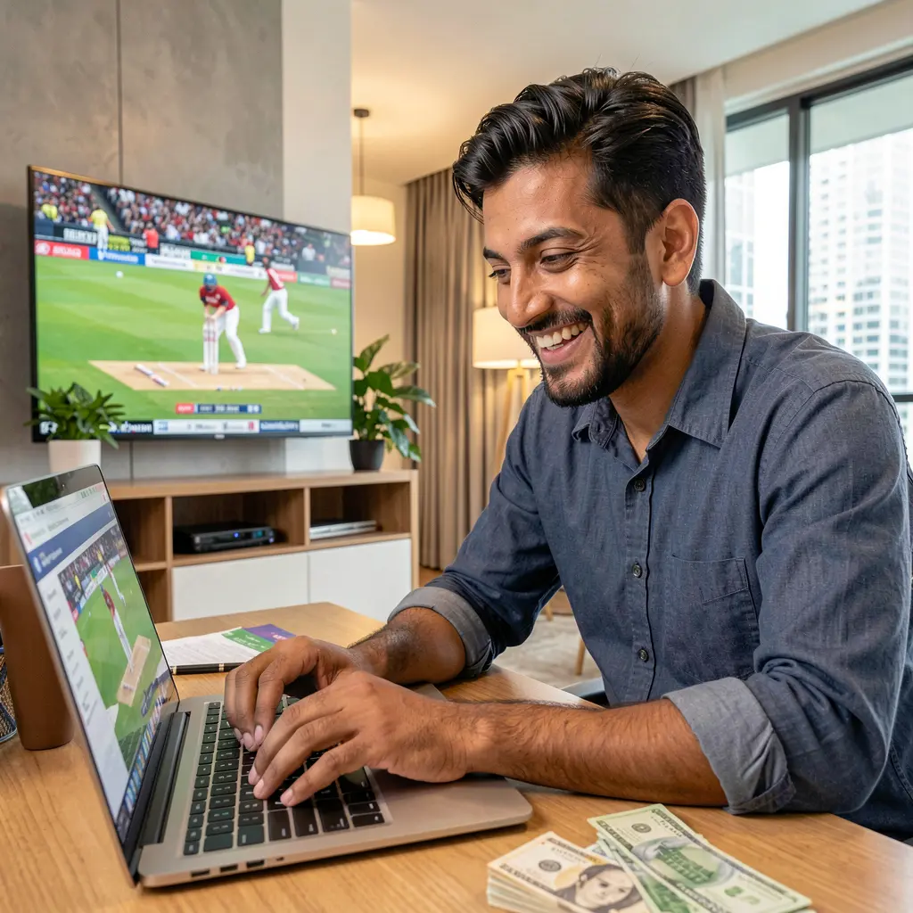 Happy Bangladeshi man enjoying online sports betting with 97OK at home while watching a live cricket match on TV