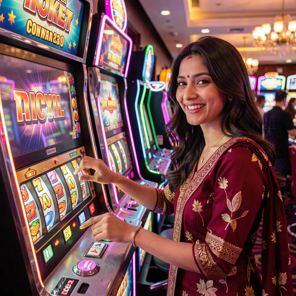 Confident Bangladeshi woman smiling and playing a modern slot machine in a vibrant casino atmosphere at 97OK online casino